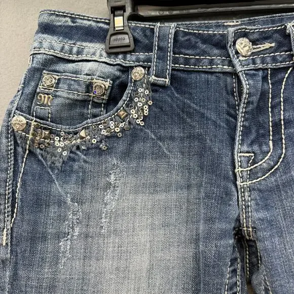 Miss Me Jeans Women's 27x31 (4) Blue Bootcut Rhinestone Pocket Flaps Studding - Picture 4 of 16